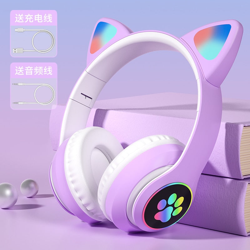 Cat Ears Wireless Bluetooth headphones with flash light and HD voice Microphone