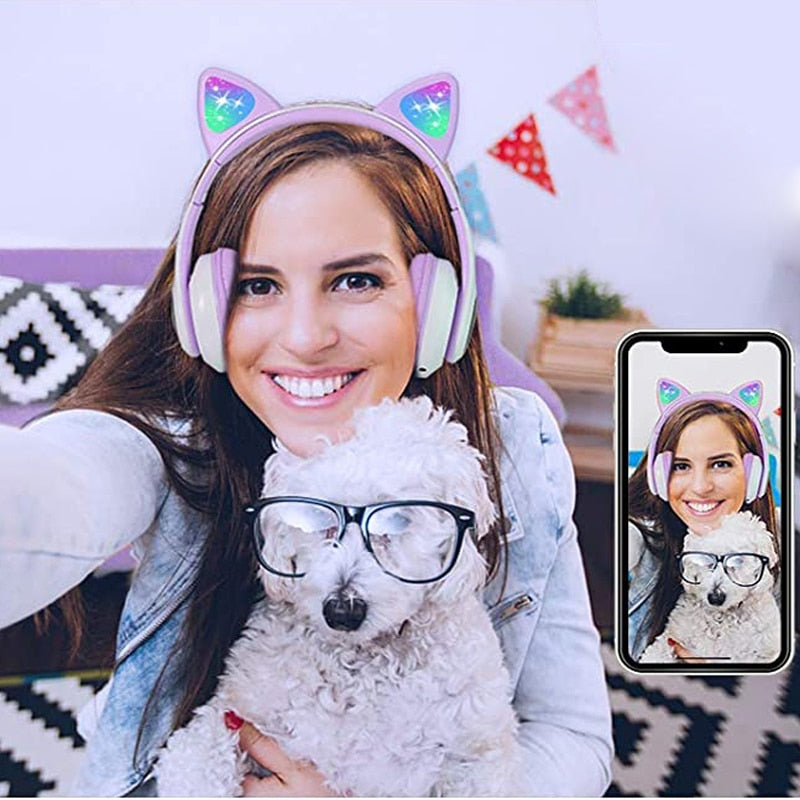 Cat Ears Wireless Bluetooth headphones with flash light and HD voice Microphone