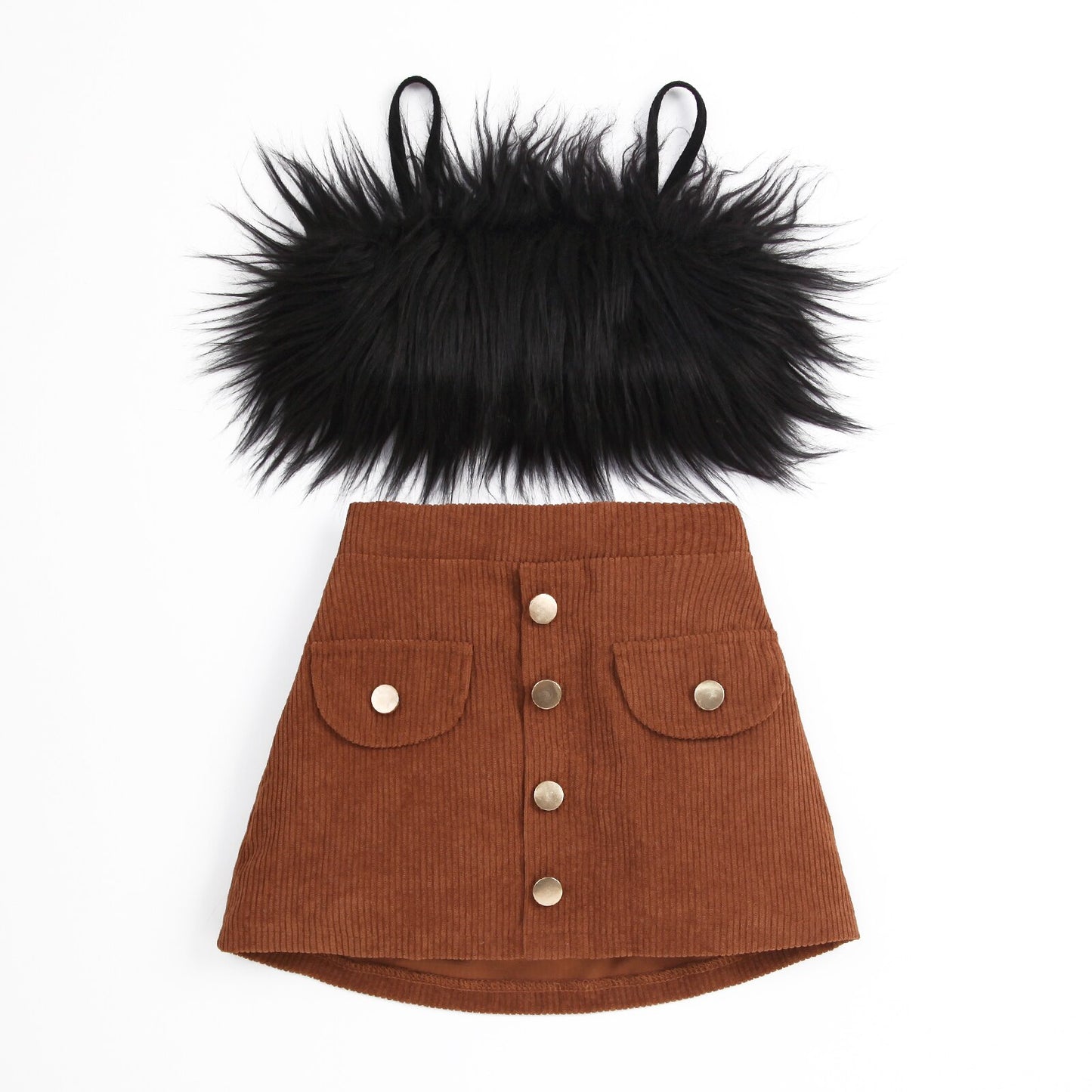 Feather Sleeveless Camisole with high waist button A-line Skirt Set