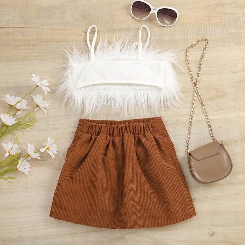 Feather Sleeveless Camisole with high waist button A-line Skirt Set
